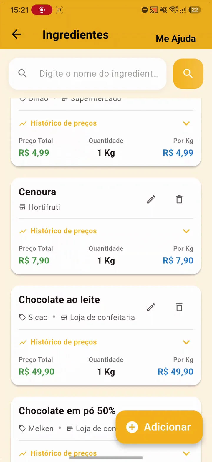 Lista de ingredientes com preços e histórico no aplicativo