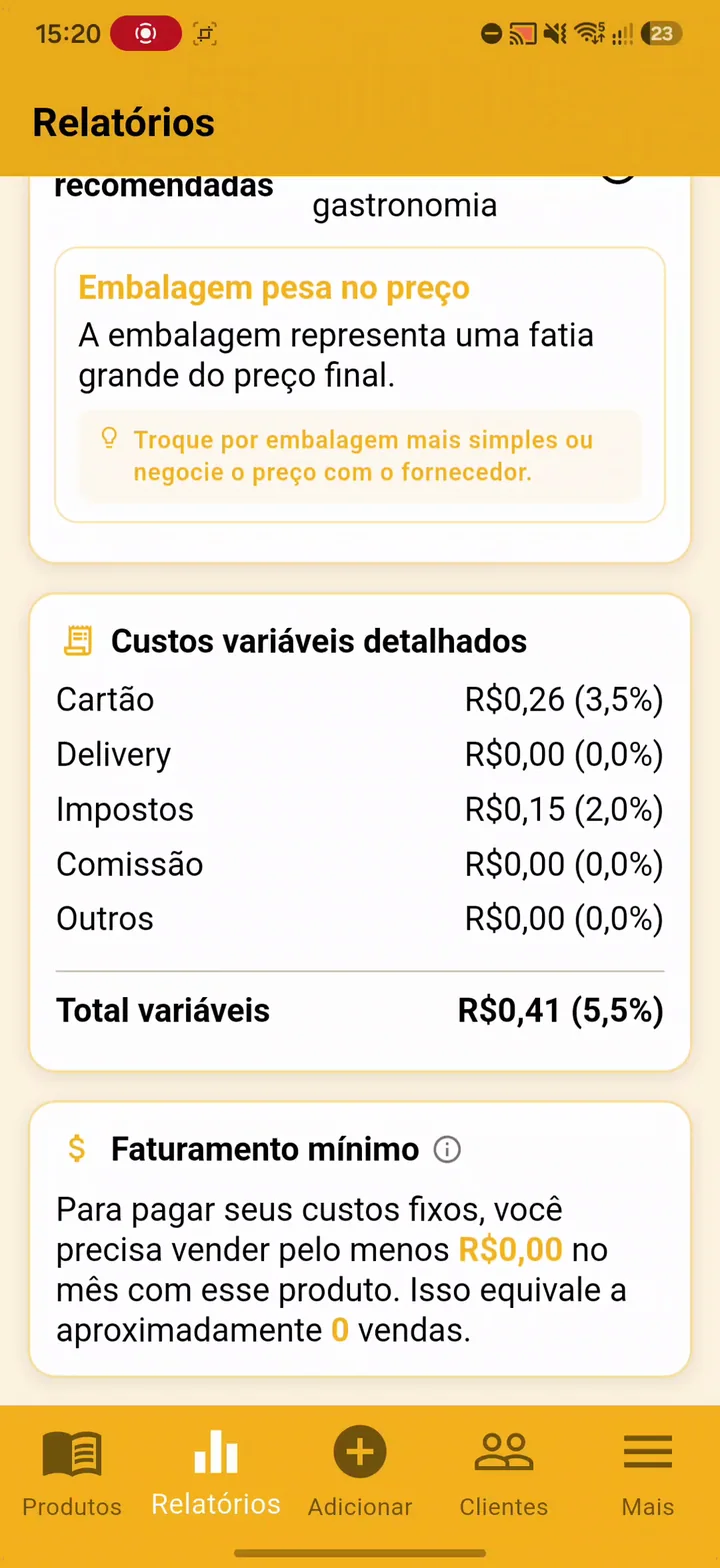 Relatório com recomendação, custos variáveis e faturamento mínimo